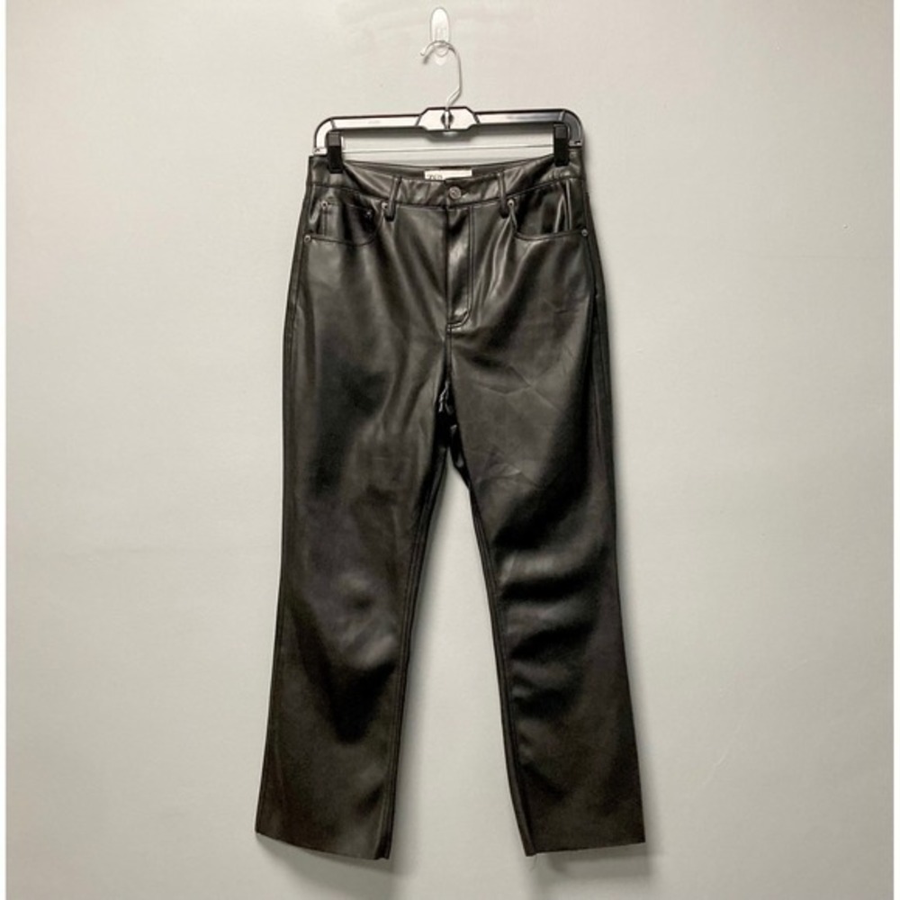 Zara Womens Faux Leather High Rise Straight Leg Pants Black Size 6 28‎ Cropped